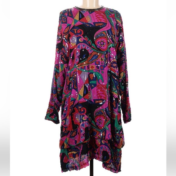 Vintage Dresses & Skirts - Vintage 60s Judith Ann Creations Beaded Silk Colorful Kaftan Mini Dress Magenta